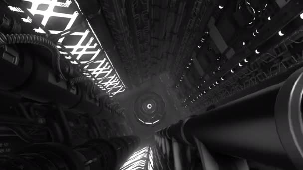 Vliegen Door Monochrome Industriële Abstracte Tunnel Beweging Zwart Witte Buizen — Stockvideo