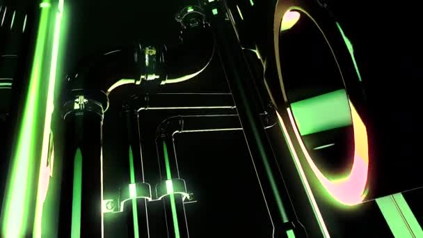 曲げられた管の金属の輝きが付いている未来的な超詳細機械 ムーブメント 地球外メカニズムの一部を有する宇宙空間技術 — ストック動画