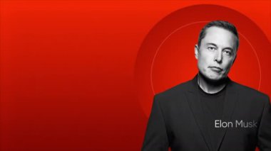 Kırmızı arka plan. Hareket. Elon Musk 'un canlı bir portresi ve animasyondaki pozisyonu. Yüksek kalite 4k görüntü