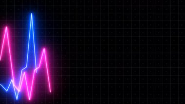 Karanlık bir arkaplanda kontrol noktalarının değişen değerlerine sahip neon soyut çizelgeler. Hareket. Yukarı ve aşağı hareket eden mavi ve pembe neon çizgileri ile animasyon 