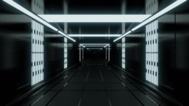 Fütürist koridorda neon çizgileri olan trafik. Tasarım. Metal ve neon duvarlı 3 boyutlu koridor. Fütürist ya da bilimsel tarzda 3B koridor.,