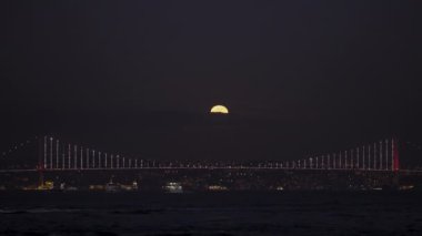 Büyük bir şehir ve nehrin gece arkaplanı. Başla. Güzel dolunay karanlık gökyüzünde bulutların arkasında saklanıyor.