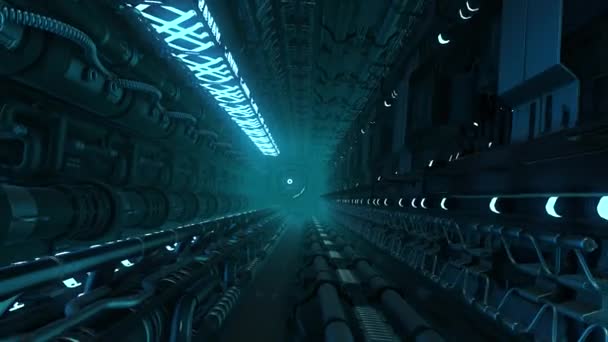 Korridor Med Rør Liner Futuristisk Skib Begæring Tunnel Med Neonlinjer – Stock-video