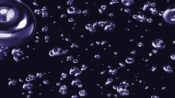 Schwebende Metallblasen Form Von Bagel Auf Schwarzem Hintergrund Bewegung Zufällig — Stockvideo