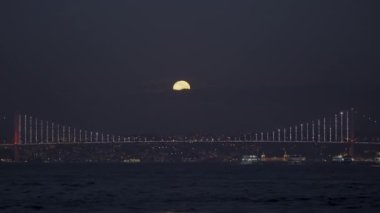 Nehir, köprü ve dolunaylı karanlık gökyüzü ile nefes kesici bir manzara. Başla. Yaz gecesi sakin şehir 