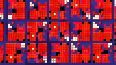 Dönme şekilli piksellerle geometrik desen hareket ediyor. Hareket. Hareket eden geometrik şekilli piksellerin şık animasyonu. Geçmişdeki piksellerden Geometrik şekiller. 