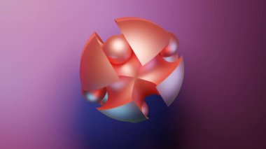 3D minimal hareket tasarımı, renkli yarımkürelerin içinde yuvarlanan toplar. Tasarım. Basit geometrik nesneler, pembe arkaplanda izole edilmiş ilkel şekiller.