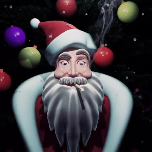 坏圣诞老人 三维动画圣诞老人与香烟 圣诞树下挂着香烟的坏圣诞老人计算机模型 — 图库视频影像