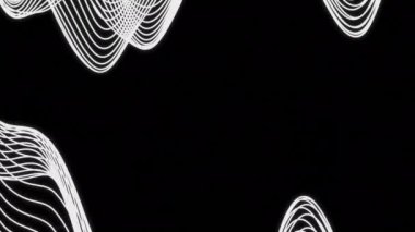 Siyah arka planda çizgilerin dalga vuruşları. Tasarım. Gruplar dalgalı kıvrımlarda titreşir. Dalgalı çizgiler siyah arkaplan kenarlarında hareket eder.