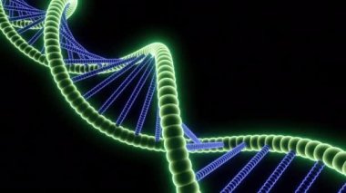 DNA 'lı güzel hareketli spiral. Tasarım. Parlak çizgiler ve noktalarla dönen üç boyutlu spiral. Neon DNA Kartı Sarmalı. 