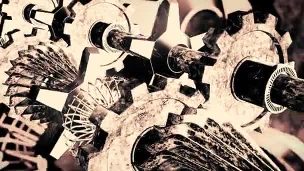 在黑色底座上的黄铜齿轮上 有碎屑的金属自行车链条穿过 旧的工作机制 — 图库视频影像