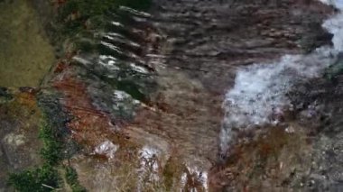 Temiz nehir akıntısına yakın çekim. Yaratıcı. Orman nehrindeki dereler ve su damlaları. Güzel, temiz bir nehir ya da bahar..