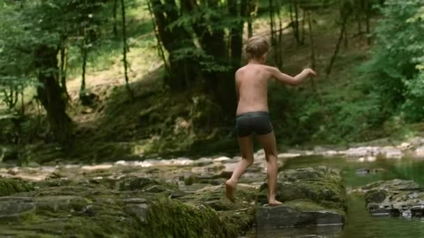 Tatilciler Banyo Yapan Aileler Yaratıcı Dağlardaki Gölde Mayo Giyen Insanlar — Stok video