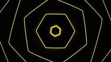 Hipnotik altıgenler ortaya çıkıyor. Hareket. Geometrik altıgenler siyah arkaplanda dalgalar halinde görünür. Dalga dönüşleri ile parlayan geometrik şekiller. 