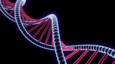 DNA 'lı güzel hareketli spiral. Tasarım. Parlak çizgiler ve noktalarla dönen üç boyutlu spiral. Neon DNA Kartı Sarmalı. 
