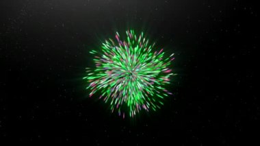 Siyah uzayda soyut yeşil yıldız patlaması. Hareket. Yayılan parçacıkların, ışınların ve enerjinin güzel kozmik deseni