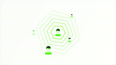 Beyaz arka plan. Hareket. İnsanların simgelerinin soyutlanarak bağlandığı parlak yeşil çizgiler kullanıcının çevrimiçi olduğunu gösteriyor. Yüksek kalite 4k görüntü