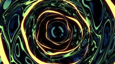 Sıvı duvarları ve yansıması olan bir tünel. Tasarım. Neon çizgileri olan sıvı ayna 3D tünel. Sıvı tüneldeki parlak yansıma çizgileri.