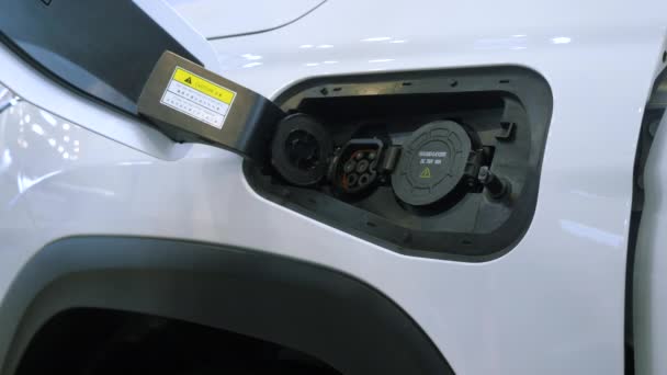 車のための電気充電ケーブルのクローズアップ メディア 電気自動車を充電するための最新技術 電気自動車の給油料金について — ストック動画