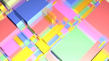 Renkli 3d küp arkaplan. Hareket. Farklı boyutlarda soyut renkli küpler. Kırmızı şekilli kübik arkaplan ve uzay bozulması.