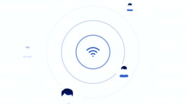 Beyaz arka plan. Hareket. İnterneti kırmızı ve mavi Wi-Fi ikonu ile dağıtma ve kullanıcıları bağlama kavramı animasyonda görülebilir. Yüksek kalite 4k görüntü