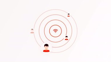 Beyaz arka plan. Hareket. İnterneti kırmızı ve mavi Wi-Fi ikonu ile dağıtma ve kullanıcıları bağlama kavramı animasyonda görülebilir. Yüksek kalite 4k görüntü