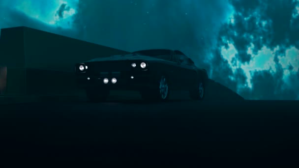 Grijze Achtergrondverlichting Blauw Donkere Achtergrond Met Een Modieuze Buitenlandse Auto — Stockvideo
