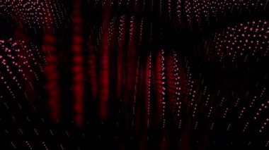 Kırmızı parıltılı karanlık bir arka plan. Görev. Siyah arkaplan, soyutlama ve kırmızı küçük parçacıklar birbirinden uçuyor. Yüksek kalite 4k görüntü