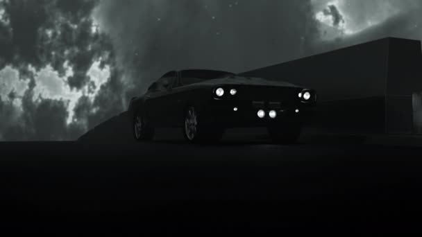 역광선 디자인 움직이는 바퀴와 아스팔트와 빛으로 애니메이션에서 자동차와 어두운 고품질 — 비디오