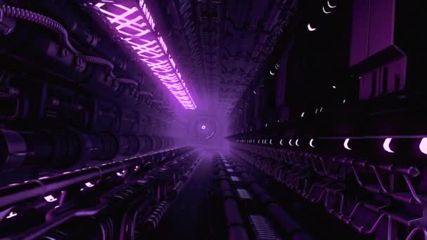 Technological Tunnel Futuristic Ship Motion Space Pipes Neon Light Technological — Stock Video