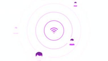 Wi-Fi işareti ve dalga sinyali. Hareket. Wi-Fi dağıtım sinyali ile animasyon. Wi-Fi işaretinden gelen sinyal dalgaları ve kullanıcı simgelerinin görünümü.