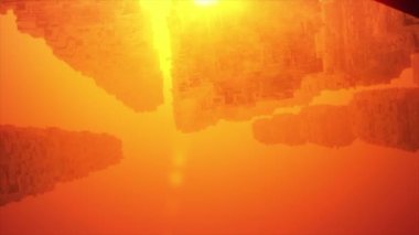 Parlak kırmızı ve turuncu güneş ışığındaki uzun taş sütunlar. Hareket. Parlak ışıkta kaya oluşumları