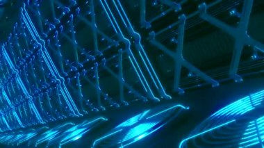 Mavi ızgara. Hareket. Kırmızı ve mavi çizgilerin parlak röfleleriyle soyutlanmış hafif bir arkaplan ve her şey ileri ve yavaşça dönüyor. Yüksek kalite 4k görüntü