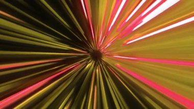 Neon çizgileri olan parlak bir tünel. Hareket. Yüksek hızlı hatları olan siber tünel. Yüksek hız akışında çizgili parlak neon tünel. 