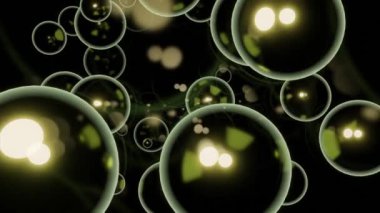 Siyah arka plan. Tasarım. Animasyonda büyük boyutta beyaz ve sarı renkli parlak baloncuklar farklı yönlere uçar. Yüksek kalite 4k görüntü