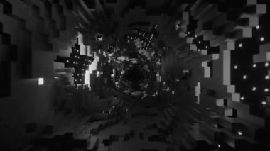 Işıklı ve parıltılı bir tünel. Tasarım. İçeriye doğru hareket eden animasyonda farklı parıltıların uçtuğu pencereli bir ışık tüneli. Yüksek kalite 4k görüntü