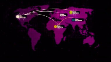 Bir dünya haritasındaki ülkeler arasındaki bağlantı. Hareket. Ülkeler arasındaki ekonomik ilişkiler kavramı, soyut harita ve değişen sayılar