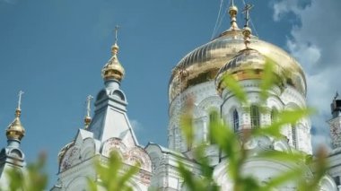 Altın kubbeli beyaz bir kilisenin alt manzarası. Şarjör. Ortodoks kilisesi ve mavi gökyüzündeki bir ağacın yeşil yapraklarının arasından bak.