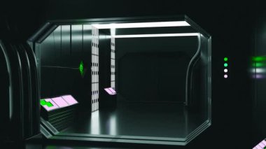 Karanlık arka plan. Görev. Kapalı bir garaj, siyah duvarlar ve animasyonda demir kapılar. Yüksek kalite 4k görüntü