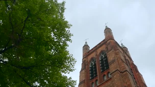 Low Angle View Beautiful Red Brick Building Towers Action Concept — Stock Video