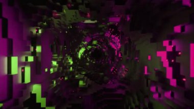 Uçan tuğlalarla harap olmuş soyut yeraltı tüneli. Tasarım. Yeşil ve pembe neon ışıklı karanlık yeraltı tüneli