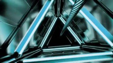 Kalın metal kablolu üçgen karanlık tünel. Tasarım. Dönen fraktal şekiller