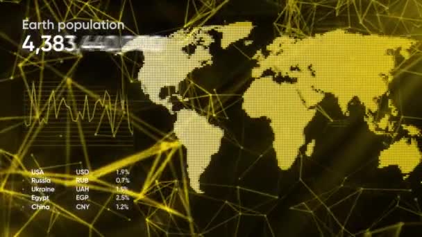 グラフィックで地球上の全世界の人口を示すアニメーション ムーブメント 地球地図と増加する人々の数 — ストック動画