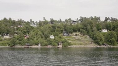 Dalgalanan nehir ve sahil kenarındaki evler ile doğal manzara. Başla. Kırsal bölge, nehir manzaralı küçük bir kasaba ve yeşil ağaçlar.