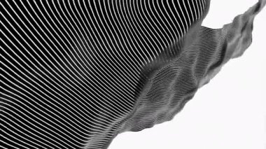 Beyaz arka planda hareket eden ve dalgalanan bilinmeyen bir madde. Tasarım. Çizgili hareketli kumaş 