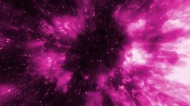 Bir süpernova ışık patlaması yaşarken uzayda yıldız alanlarında seyahat etmek. Hareket. Renkli kozmik arkaplan