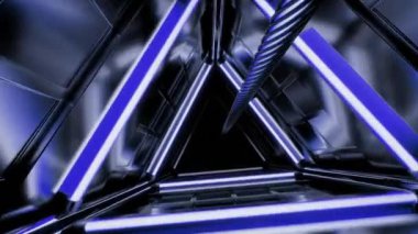 Metal duvarlı üç boyutlu bir tünel. Tasarım. Ortasında ip olan 3 boyutlu bir tünel. Neon çizgileri olan karanlık bir tünelde yaşam çizgisi.. 