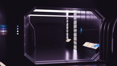 Metal duvarlı fütüristik 3 boyutlu koridor. Tasarım. Uzay gemisinde neon ışıkları olan 3 boyutlu koridor. Uzay gemisinde gerçekçi koridor. 