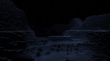 Siyah arka plan. Tasarım. Farklı yönlere uçan gri tuğlalardan yapılmış koyu büyük binalar. Yüksek kalite 4k görüntü