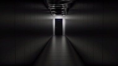 Karanlık, korkunç, gerçeküstü bir koridor ve sonunda bir kapı. Tasarım. Koyu renk tavanlı tek renkli koridor 
